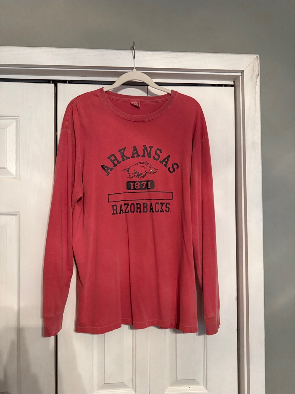 Blue 84 Arkansas Razorbacks Long Sleeve Tee - Coral Red with Black Print